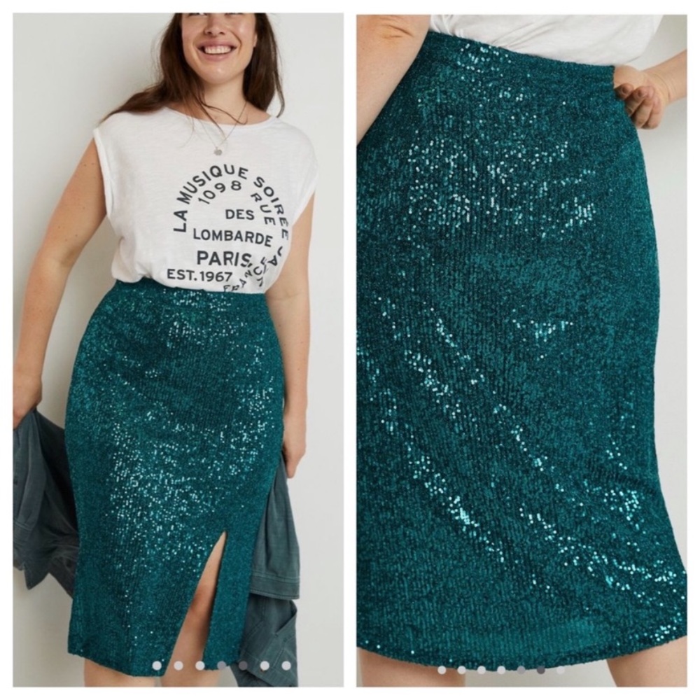 Maeve by Anthropologie Emerald Sequined Midi Skirt with Slit